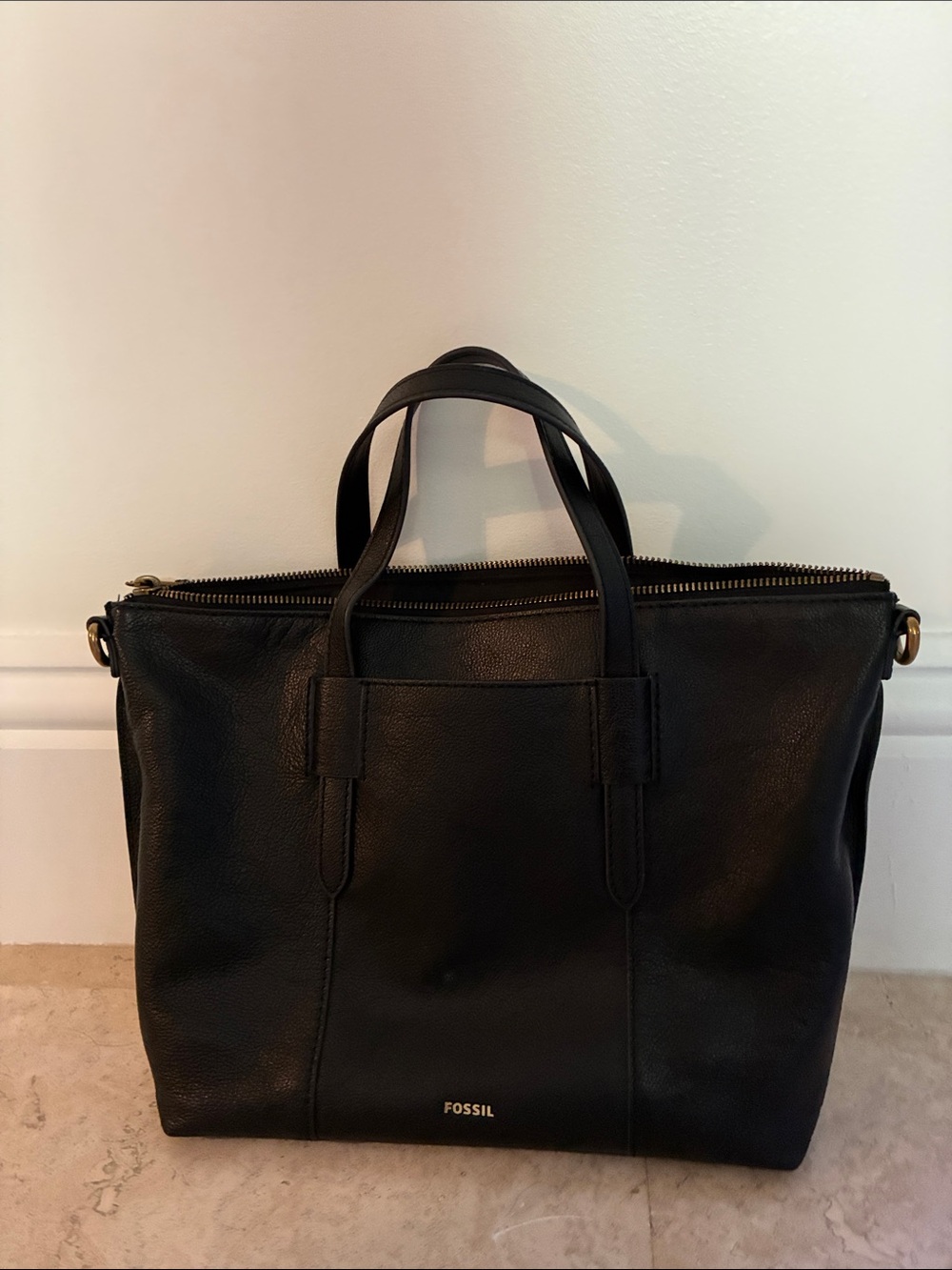 Fossil Black Leather Zip-Top Tote